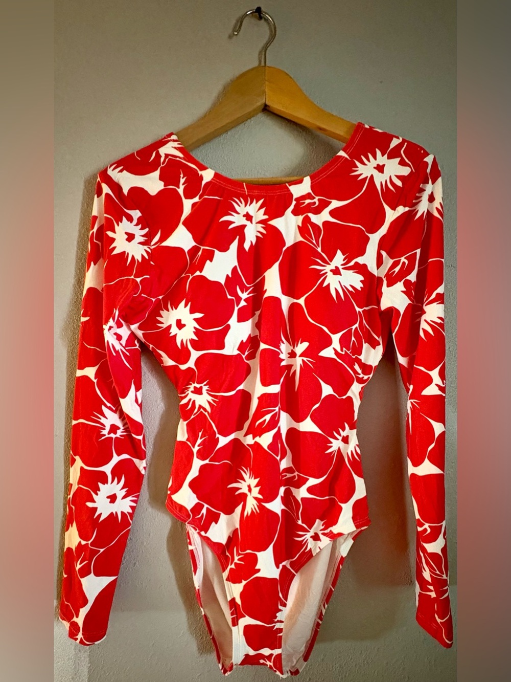 Vince Camuto Backless Tangerine Red & White Tropical Print Long Sleeve Swimsuit